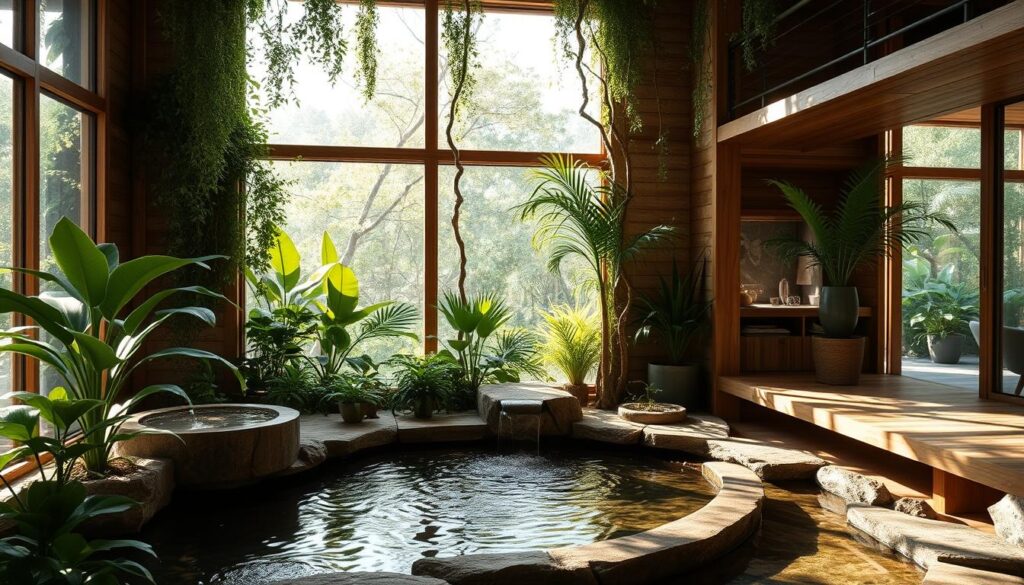 materiais naturais, luz natural, fontes de água, tranquilidade materiais naturais, luz natural, fontes de água, tranquilidade